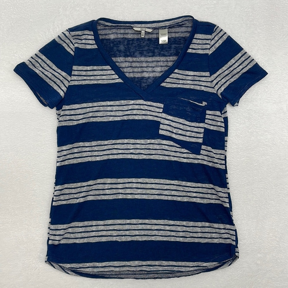 BKE Semi-Sheer Navy Striped Short Sleeve Pocket Shirt sz Medium
